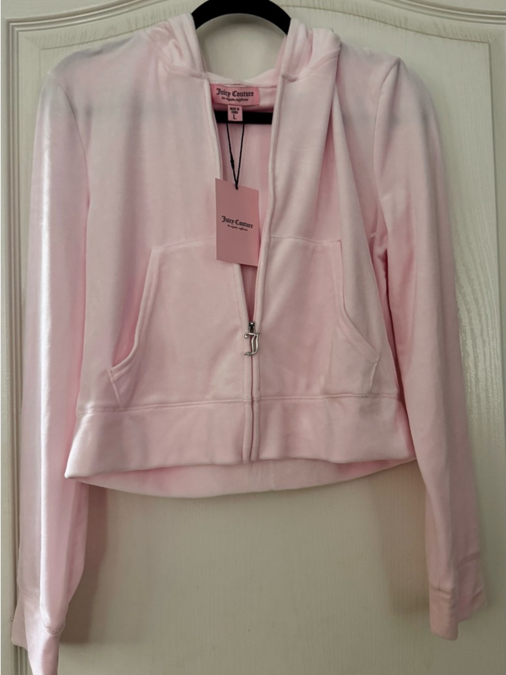 Juicy Couture Bling Velour Tracksuit Set, Soft Glow light pink, size Large.